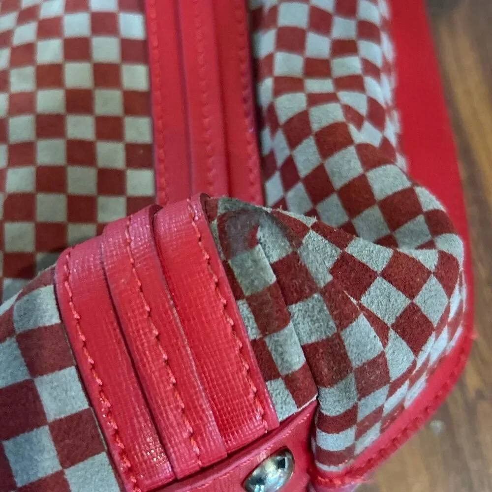 Alberta do Canio vintage red gray checkered suite and leather large tote bag mad